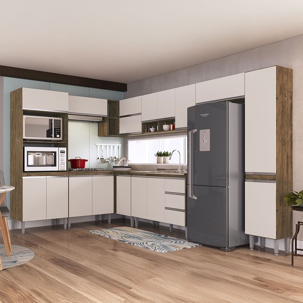 Armário de Cozinha Thalia 17 Portas 3 Gavetas Itauba/Off White - Pnr Móveis