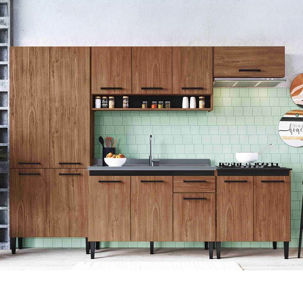 Armário de Cozinha Amanda 13 Portas 1 Gaveta Freijó/Preto - Pnr Móveis