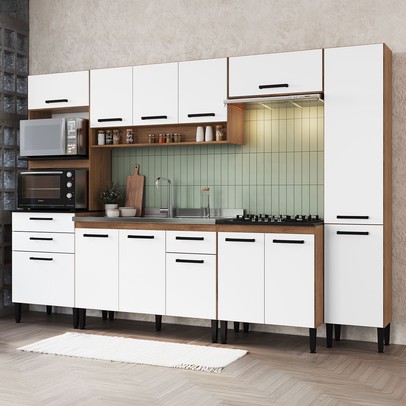 Armário de Cozinha Amanda 13 Portas 3 Gaveta Freijó/Branco - Pnr Móveis