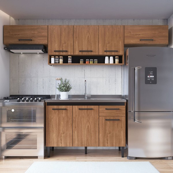 Armário de Cozinha Amanda 8 Portas 1 Gaveta Freijó/Preto - Pnr Móveis