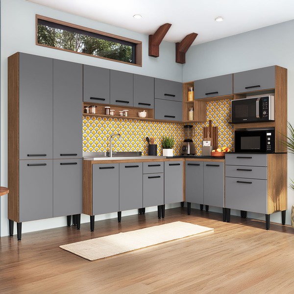 Armário de Cozinha Amanda 18 Portas 3 Gaveta Freijó/Cinza - Pnr Móveis