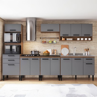 Armário de Cozinha Amanda 13 Portas 3 Gaveta Freijó/Cinza - Pnr Móveis