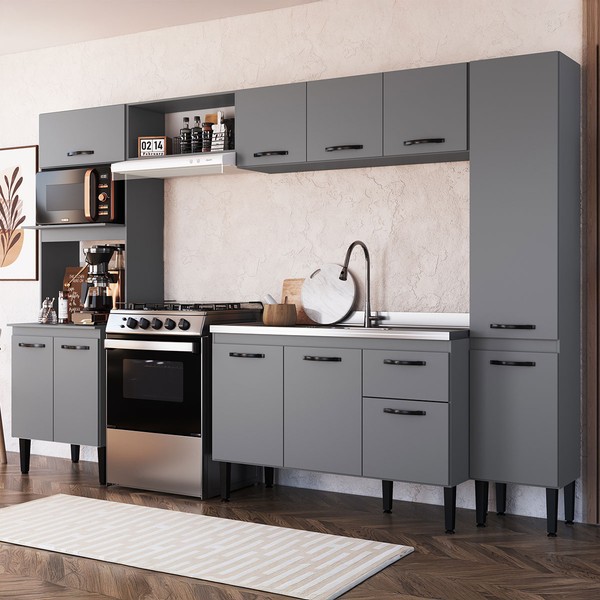 Armário de Cozinha Laís 11 Portas 1 Gaveta Cinza - Pnr Móveis