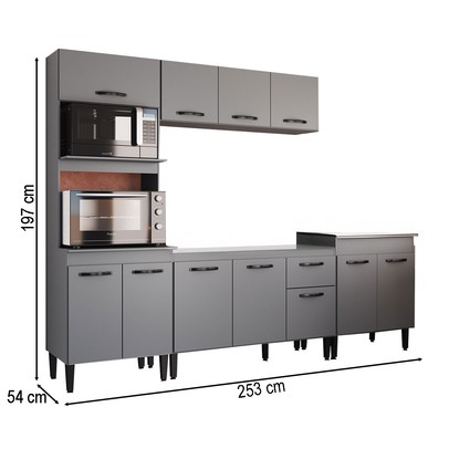 Armário de Cozinha Laís 11 Portas 1 Gaveta Cinza - Pnr Móveis