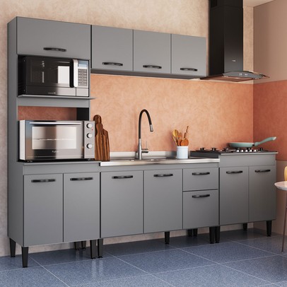 Armário de Cozinha Laís 11 Portas 1 Gaveta Cinza - Pnr Móveis