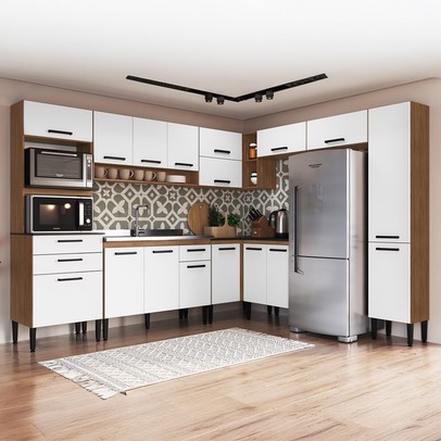 Armário de Cozinha Amanda 17 Portas 3 Gaveta Freijó/Branco - Pnr Móveis