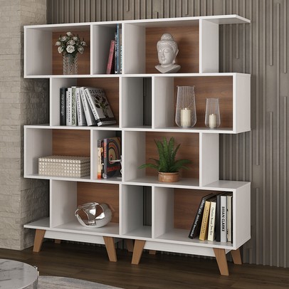 Estante para Livros 8 Nichos Branco/Nogal Cj-007 - Hecol Móveis