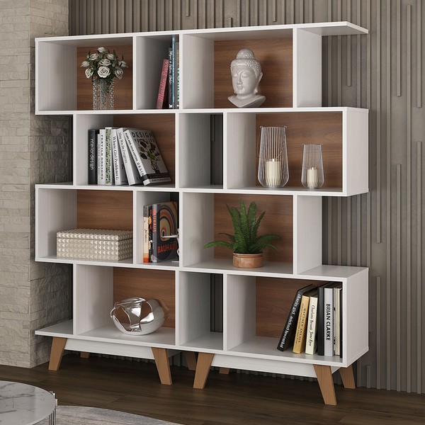 Estante para Livros 8 Nichos Branco/Nogal Cj-007 - Hecol Móveis