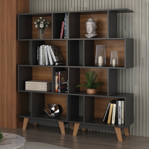 Estante para Livros 8 Nichos Grafite/Nogal Cj-007 - Hecol Móveis