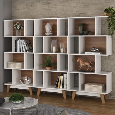 Estante para Livros 12 Nichos Branco/Nogal Cj-008 - Hecol Móveis