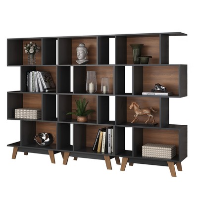 Estante para Livros 12 Nichos Grafite/Nogal Cj-008 - Hecol Móveis