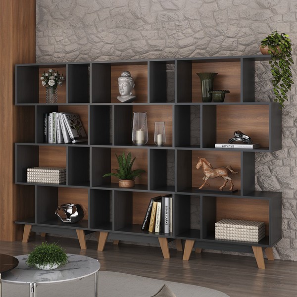 Estante para Livros 12 Nichos Grafite/Nogal Cj-008 - Hecol Móveis