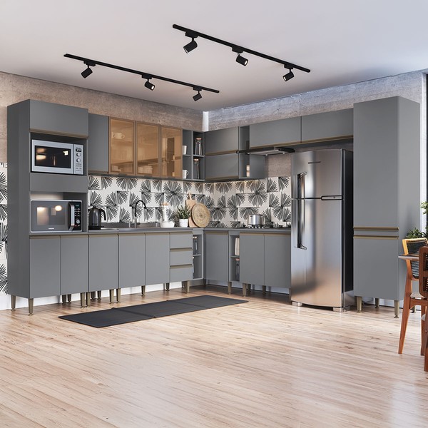 Armário de Cozinha Hermínia 20 Portas 3 Gavetas Cinza - Pnr Móveis