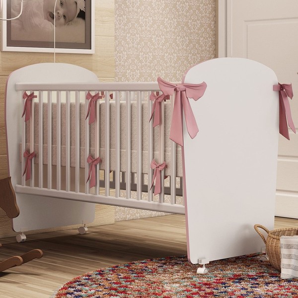 Berço Baby com Rodízios Branco/Rosa - Percasa