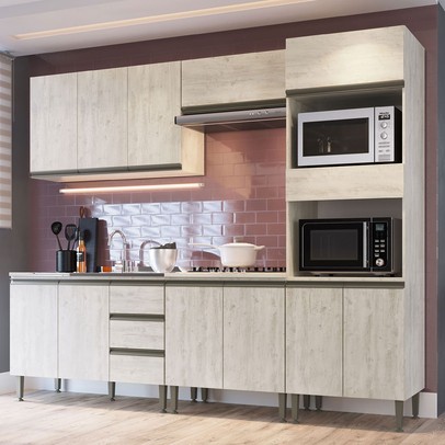 Armário de Cozinha Hermínia 12 Portas 3 Gavetas Crema - Pnr Móveis