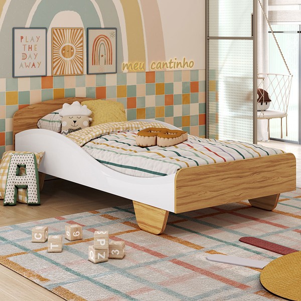 Cama Infantil Sol 100% Mdf Branco Brilho/Amêndoa - Móveis Peroba