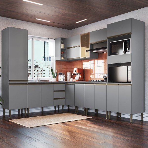 Armário de Cozinha Hermínia 16 Portas 3 Gavetas Crema - Pnr Móveis