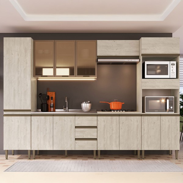 Armário de Cozinha Hermínia 14 Portas 3 Gavetas Crema - Pnr Móveis