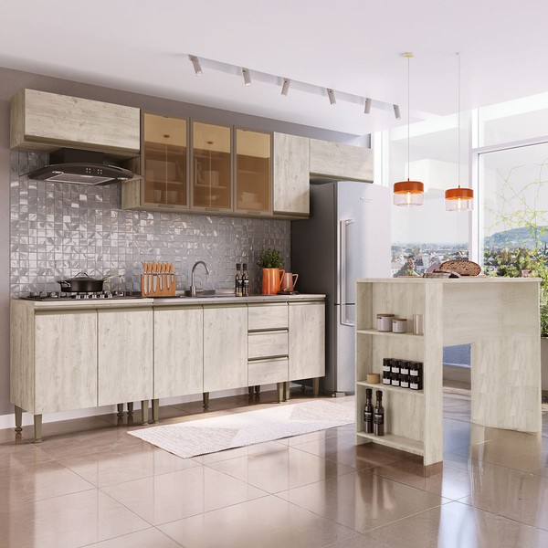 Armário de Cozinha Hermínia com Bancada 11 Portas Crema - Pnr Móveis