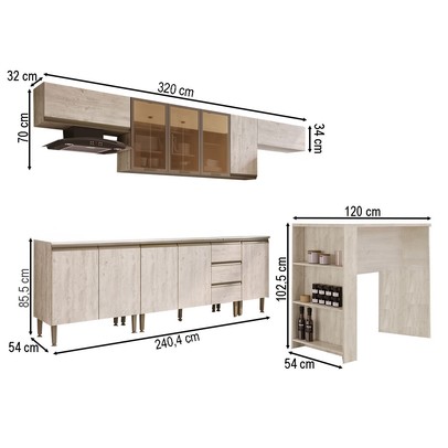 Armário de Cozinha Hermínia com Bancada 11 Portas Crema - Pnr Móveis