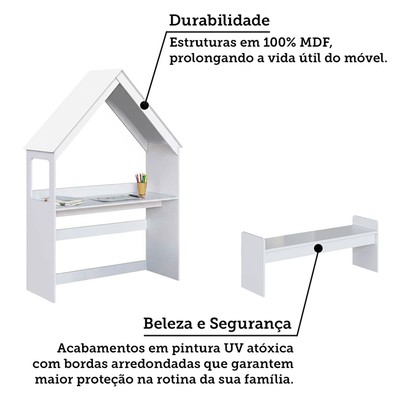 Mesa Infantil Casinha Montessoriana com Banco 100% Mdf Branco Brilho - Móveis Peroba