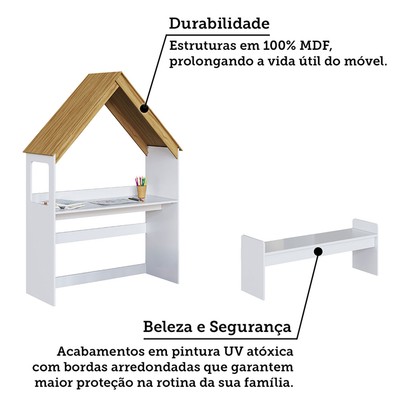 Mesa Infantil Casinha Montessoriana com Banco 100% Mdf Branco Brilho/Amêndoa - Móveis Peroba