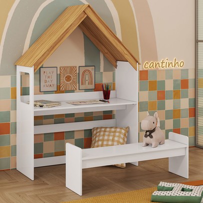 Mesa Infantil Casinha Montessoriana com Banco 100% Mdf Branco Brilho/Amêndoa - Móveis Peroba