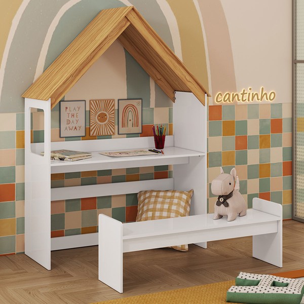 Mesa Infantil Casinha Montessoriana com Banco 100% Mdf Branco Brilho/Amêndoa - Móveis Peroba