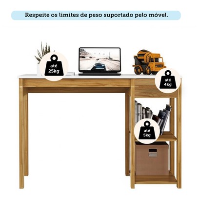 Mesa Infantil 1 Gaveta 2 Prateleiras 100% Mdf 7994 Branco Brilho/Amêndoa - Móveis Peroba