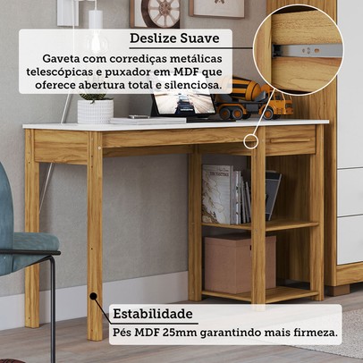 Mesa Infantil 1 Gaveta 2 Prateleiras 100% Mdf 7994 Branco Brilho/Amêndoa - Móveis Peroba