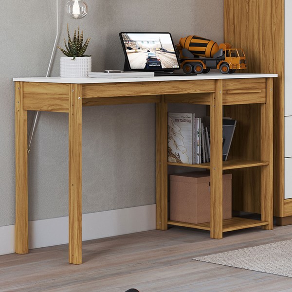 Mesa Infantil 1 Gaveta 2 Prateleiras 100% Mdf 7994 Branco Brilho/Amêndoa - Móveis Peroba