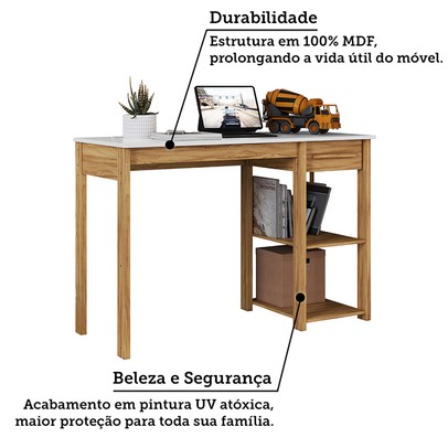 Mesa Infantil 1 Gaveta 2 Prateleiras 100% Mdf 7994 Branco Brilho/Amêndoa - Móveis Peroba