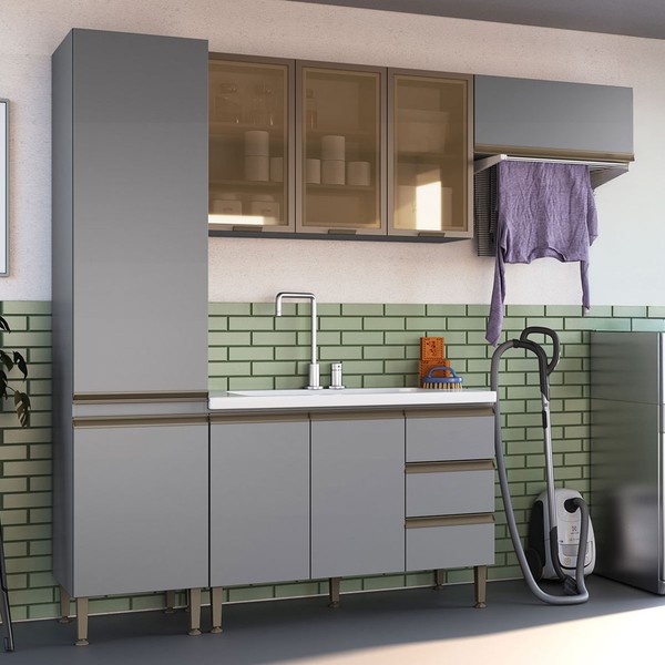 Lavanderia Completa Hermínia 8 Portas 3 Gavetas Cinza - Pnr Móveis