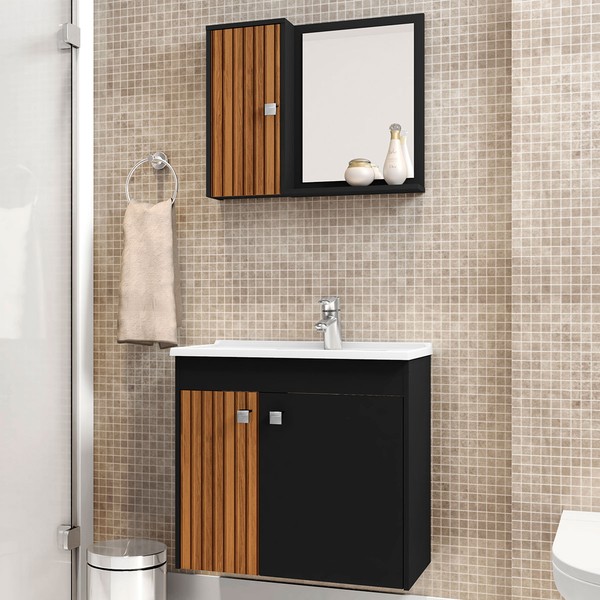 Armário de Banheiro 3 Portas com Cuba Zalma Preto Fosco - Pnr Móveis