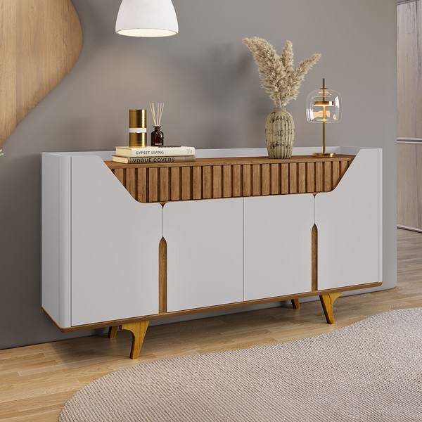 Balcão Buffet Madison 4 Portas 2 Gavetas Ripado Off White/Cinamomo - Pnr Móveis