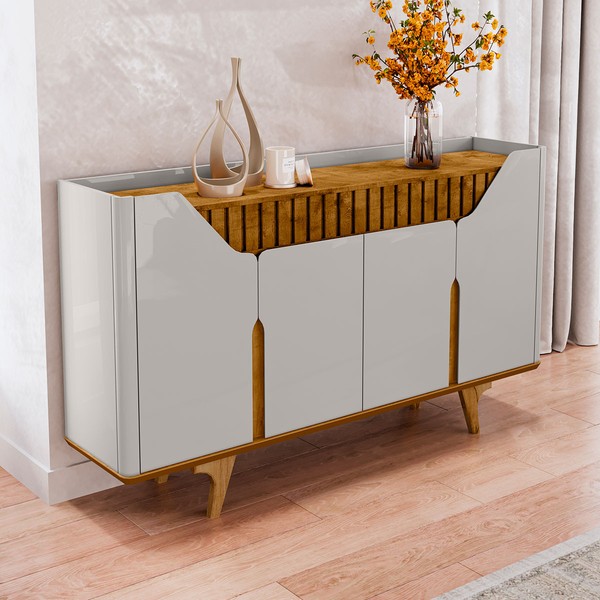 Balcão Buffet Emerald 4 Portas Ripado Off White/Naturalle - Pnr Móveis