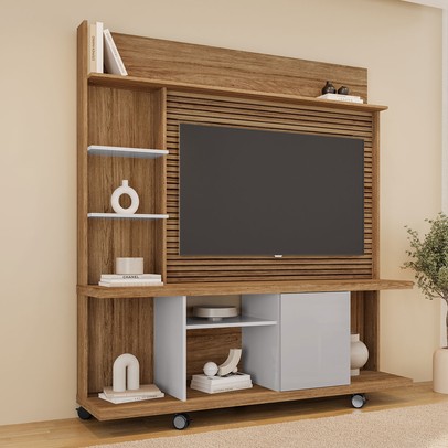 Estante para TV Até 47 Polegadas 1 Porta Velletri Ripado 3d Off White/Cinamomo - Pnr Móveis