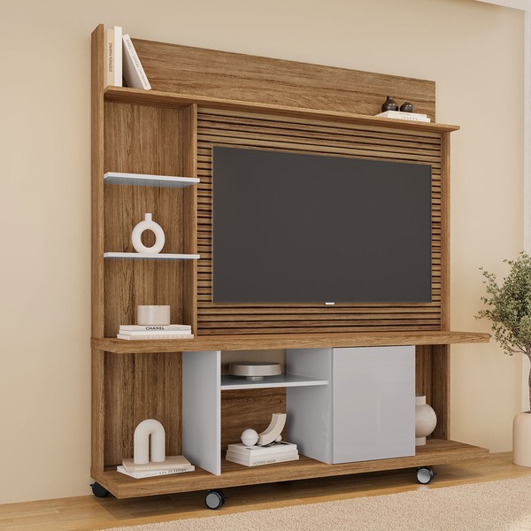 Estante para TV Até 47 Polegadas 1 Porta Velletri Ripado 3d Off White/Cinamomo - Pnr Móveis