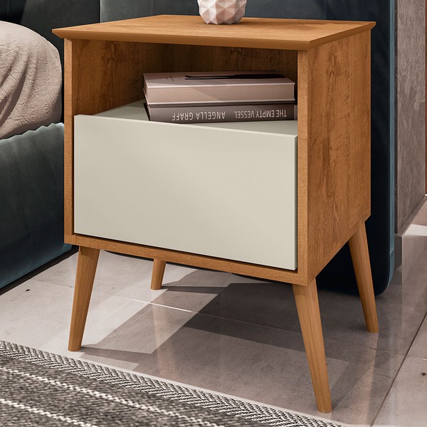 Mesa de Cabeceira Alfama 1 Gaveta Naturalle/Off White - Pnr Móveis