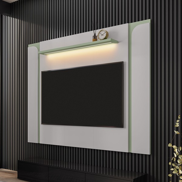 Painel para TV Até 75 Polegadas Clark 1 Prateleira com Led Off White/Pistache - Pnr Móveis