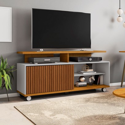 Rack para TV Até 52 Polegadas 1 Porta Malawi Ripado 3d Naturalle/Off White - Pnr Móveis