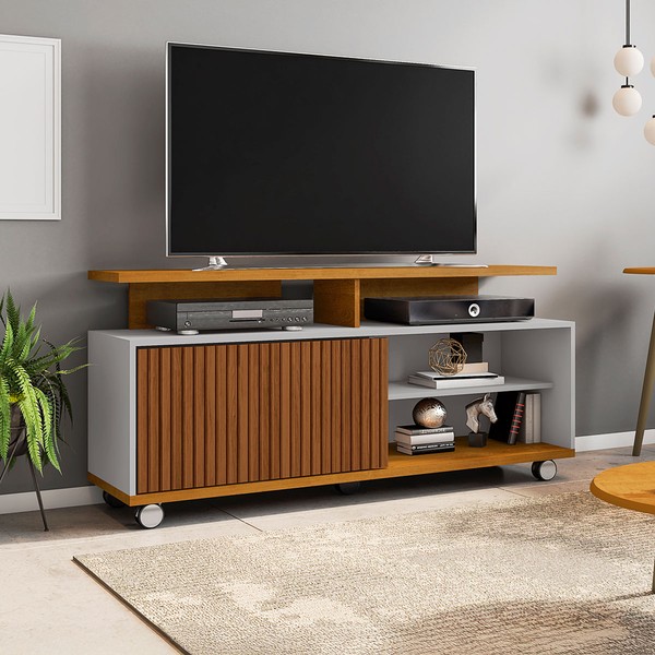 Rack para TV Até 52 Polegadas 1 Porta Malawi Ripado 3d Naturalle/Off White - Pnr Móveis