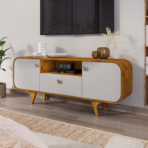 Rack para TV Até 55 Polegadas Bianchi 2 Portas 1 Gaveta Naturalle/Off White - Pnr Móveis