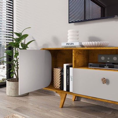 Rack para TV Até 55 Polegadas Bianchi 2 Portas 1 Gaveta Naturalle/Off White - Pnr Móveis
