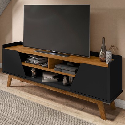 Rack para TV Até 65 Polegadas Mackenzie 2 Portas 1 Prateleira Preto Fosco/Nature - Pnr Móveis