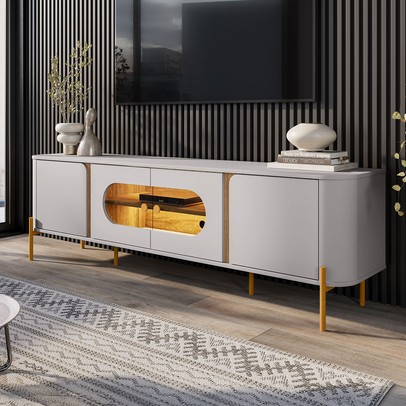 Rack para TV Até 75 Polegadas Evans 4 Portas com Vidro e Led Off White/Cinamomo - Pnr Móveis