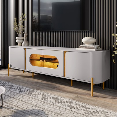 Rack para TV Até 75 Polegadas Evans 4 Portas com Vidro e Led Off White/Naturalle - Pnr Móveis