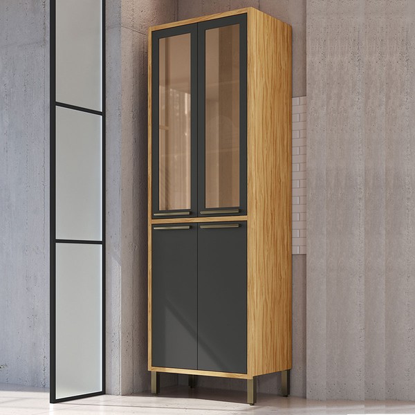 Paneleiro Syrah 4 Portas 4 Prateleiras com Vidro 100% Mdf Amêndoa/Chumbo - Rio Doce