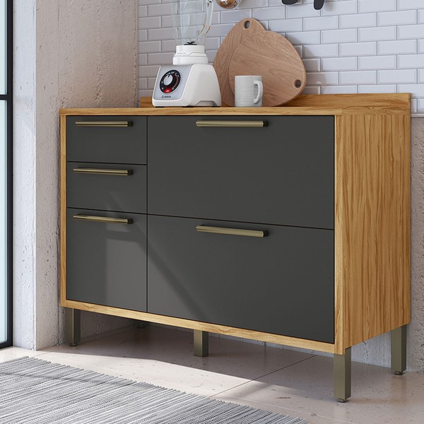 Balcão de Cozinha 120 Cm Syrah 2 Portas 3 Gavetas 100% Mdf Amêndoa/Chumbo - Rio Doce