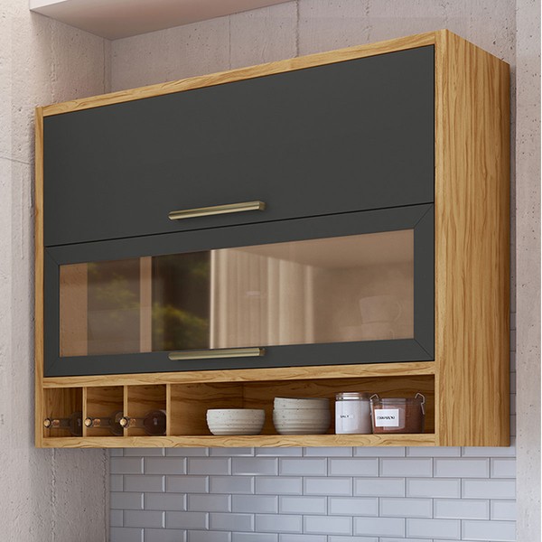 Armário Aéreo Cozinha 120 Cm Syrah 2 Portas com Vidro 100% Mdf Amêndoa/Chumbo - Rio Doce